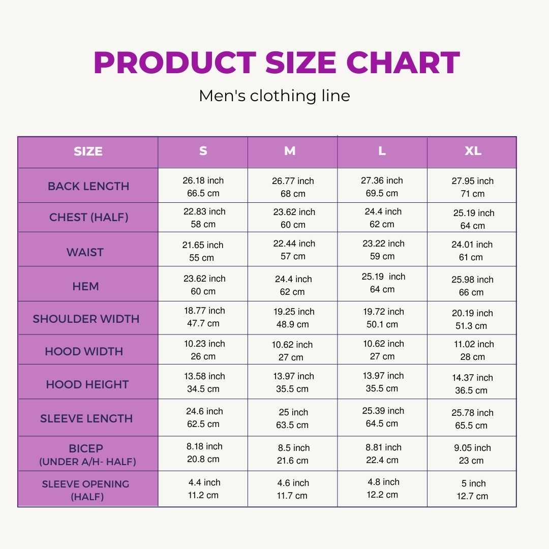 Product Size Chart Men's clothing line