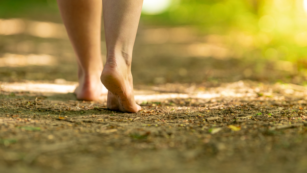 Walking Bare Feet Along a Trail in the Woods