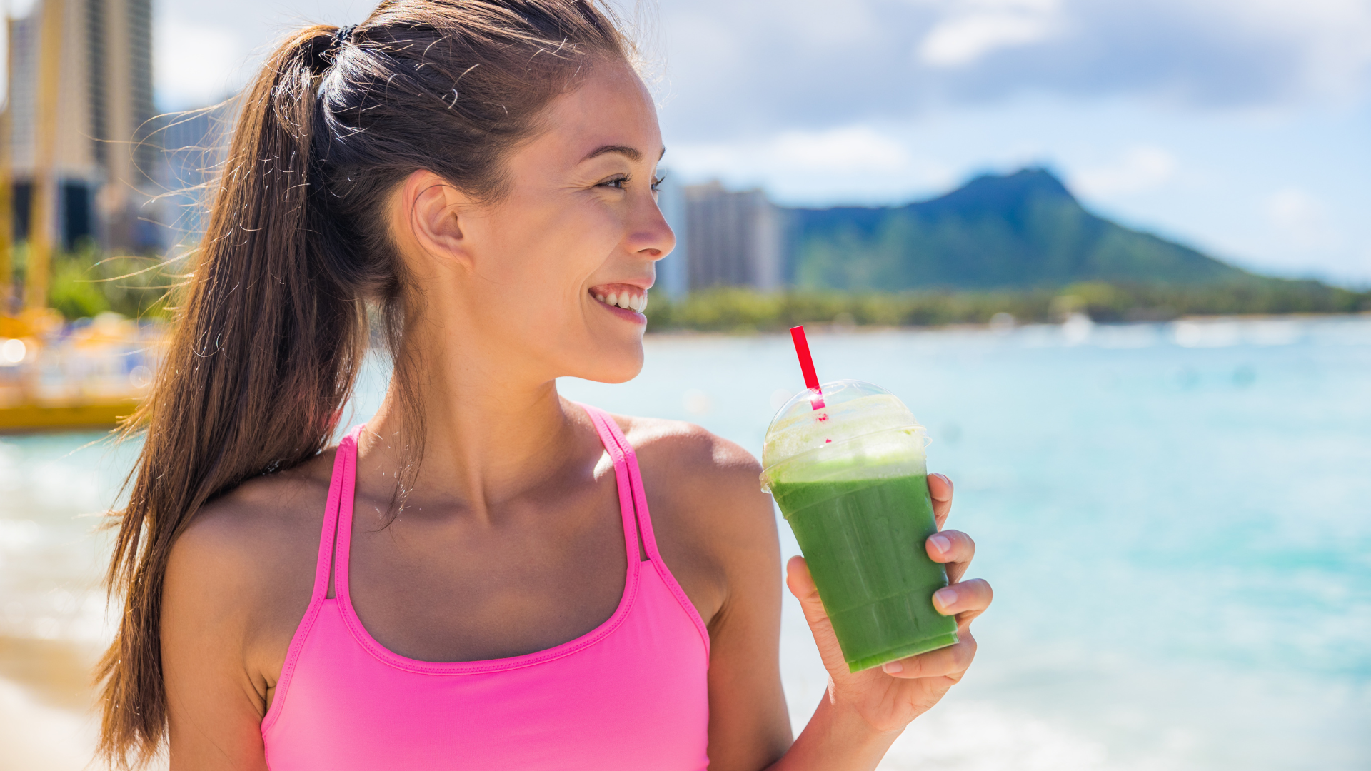Sport Fitness Woman Drinking Healthy Green Juice