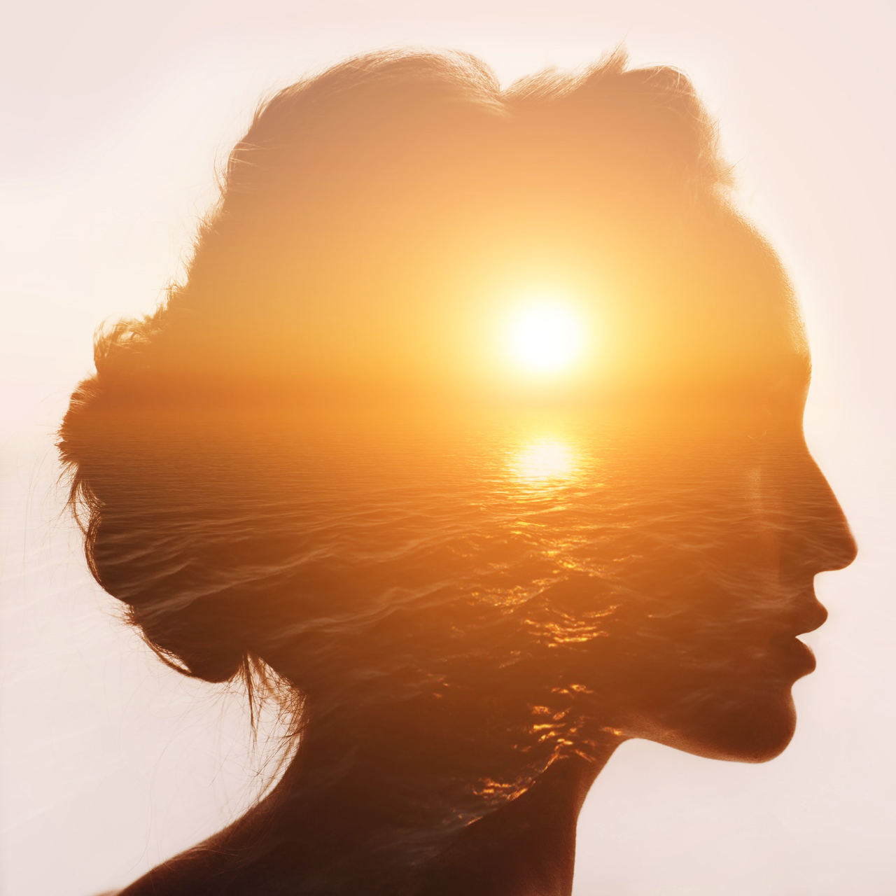 Philosophy concept. Sunrise and woman silhouette.
