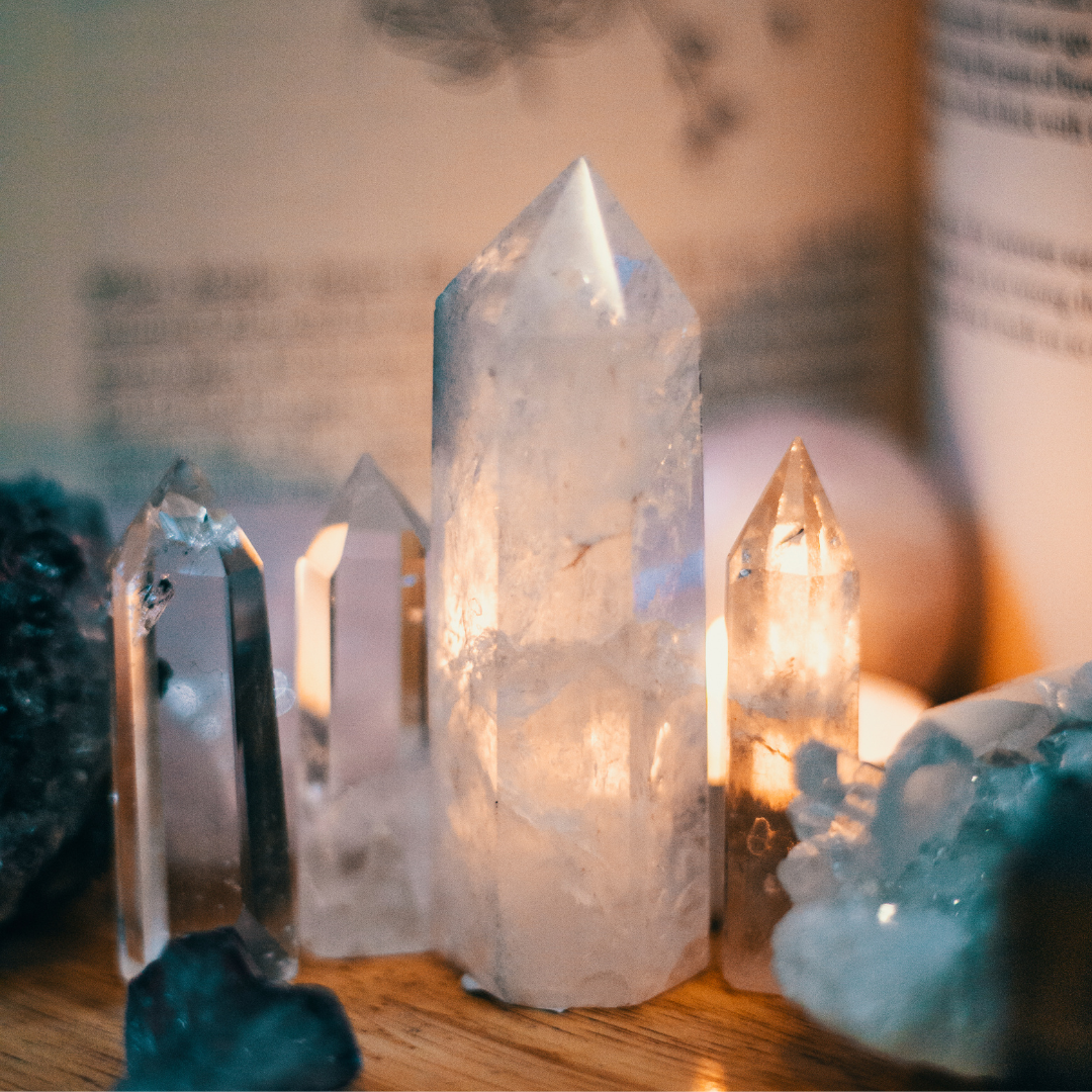 Crystals on Wooden Table