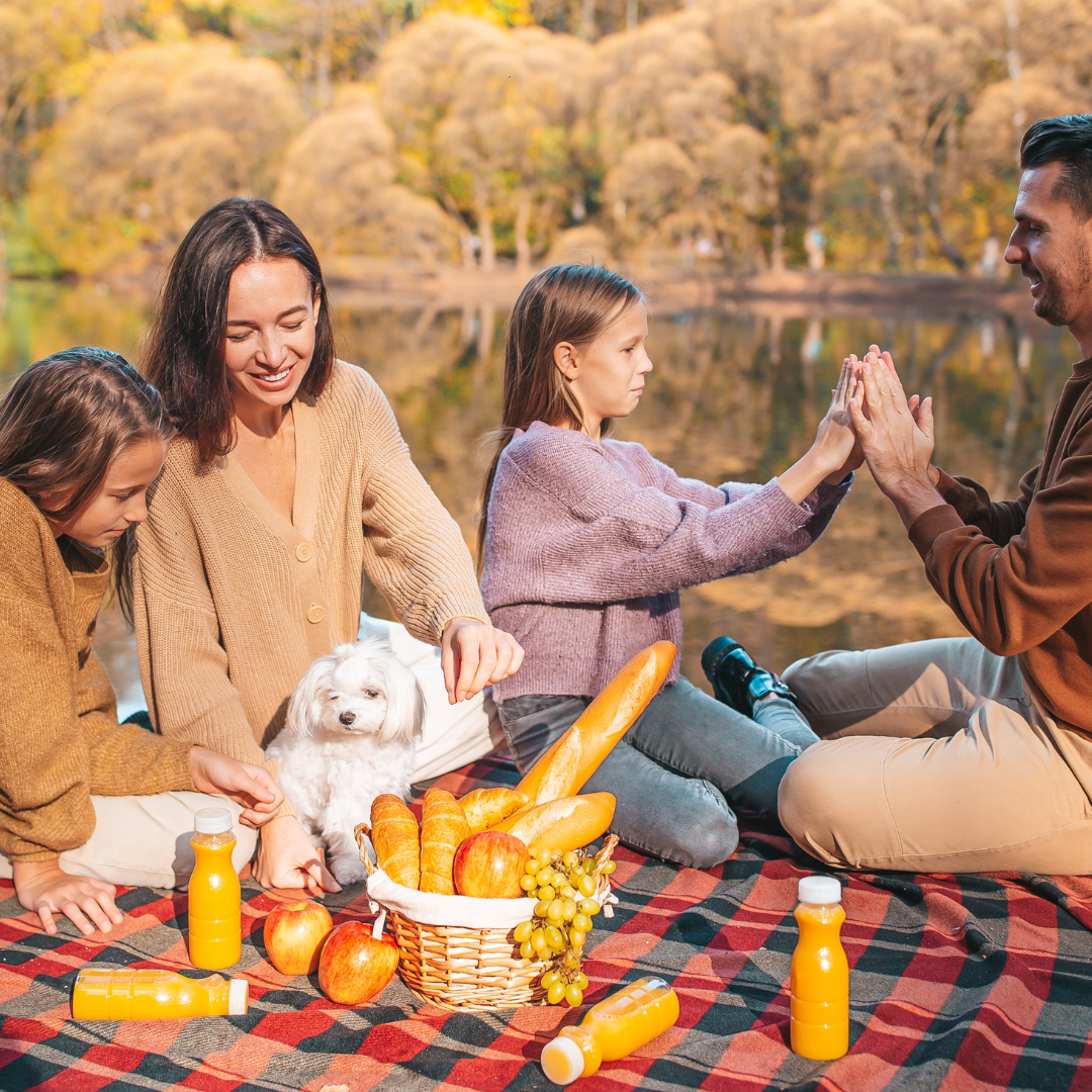 Happy Family on a Picnic in the Park at Autumn