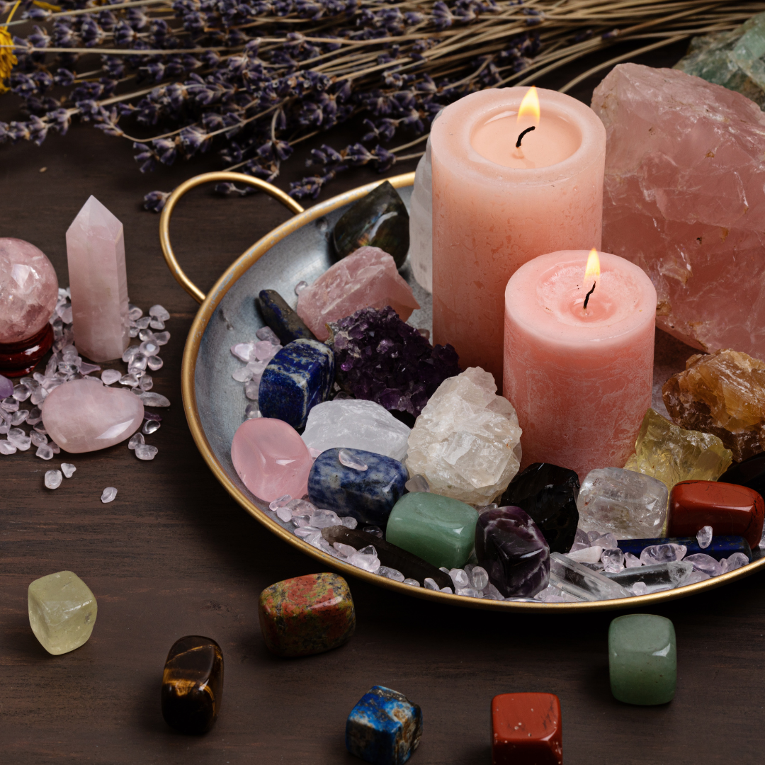 Healing chakra crystals therapy. Alternative rituals, gemstones for wellbeing, meditation, destress