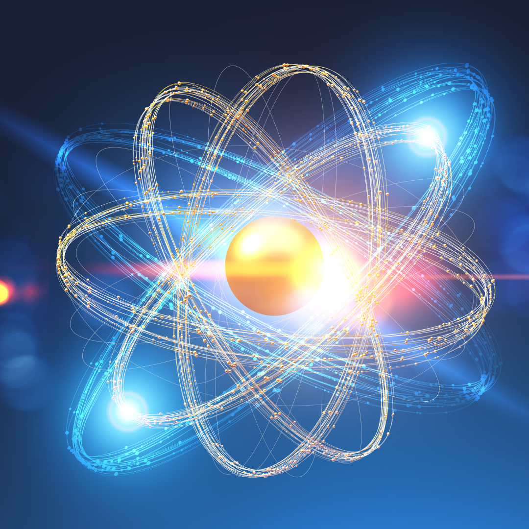Gold and blue atom model over blurred blue