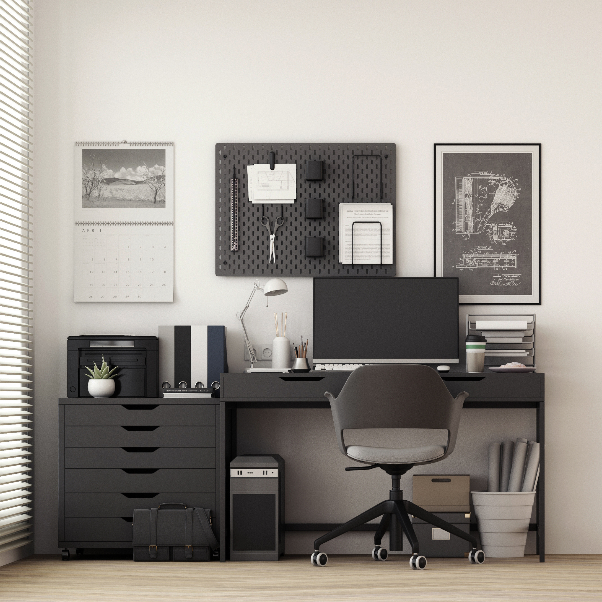 Modern workplace with comfortable modern working table and computer with working chair and large window. on wall white and wooden floor. 3D rendering