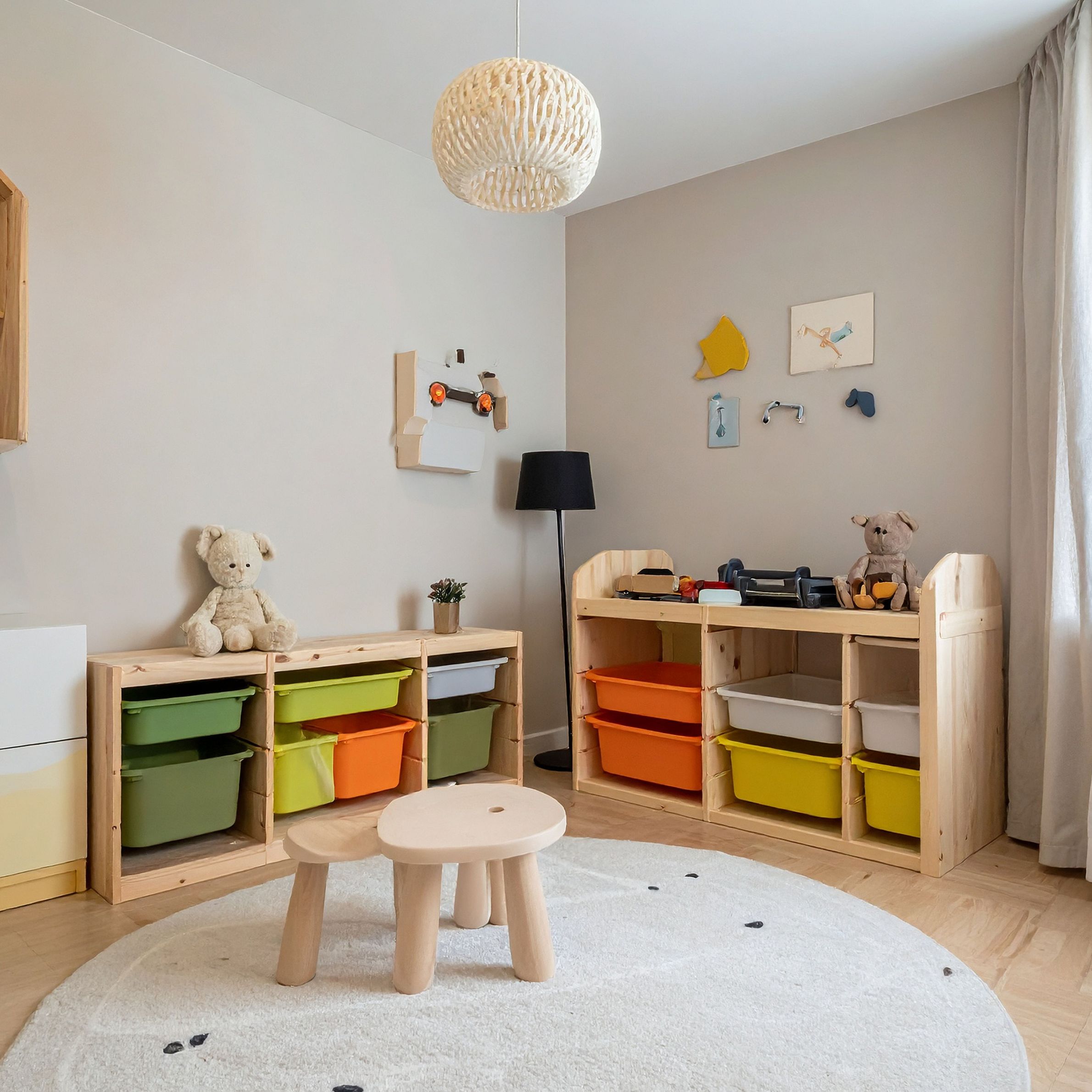 Bright Children's Room Interior with Wooden Furniture