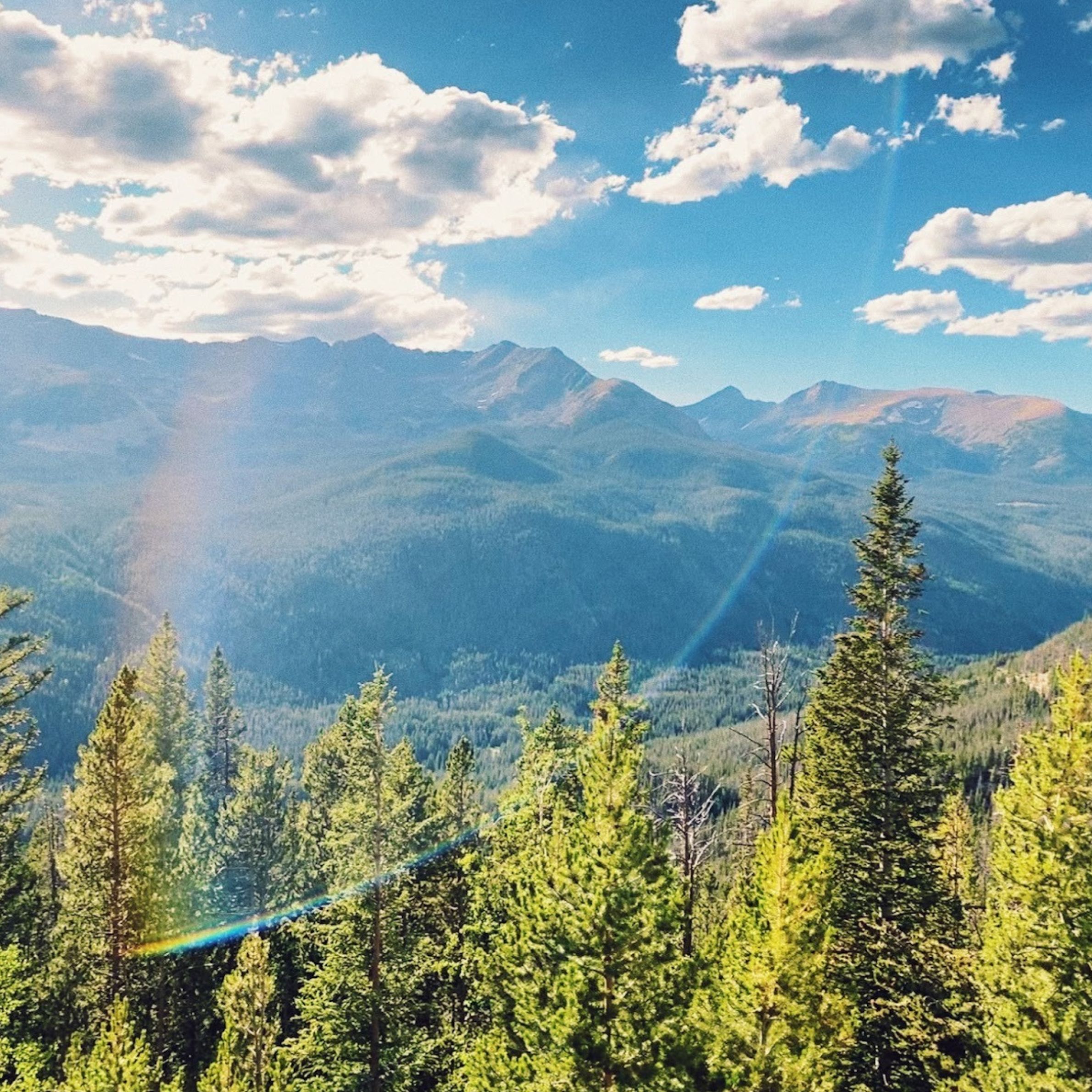 Sunlit mountain range and forest representing harmony, grounding, and the flow of natural energy