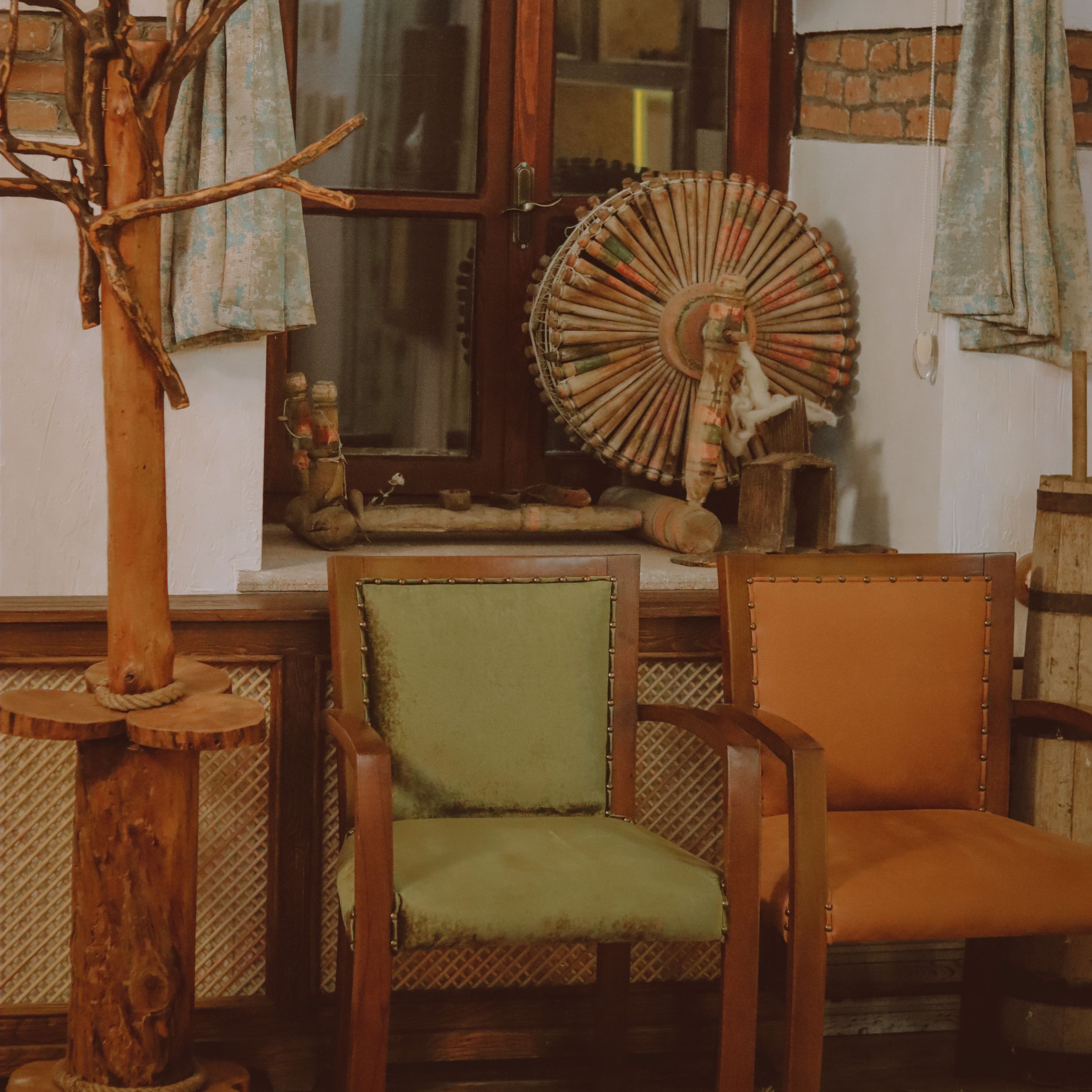 Cozy Rustic Coffee Shop Interior with Wooden Furniture